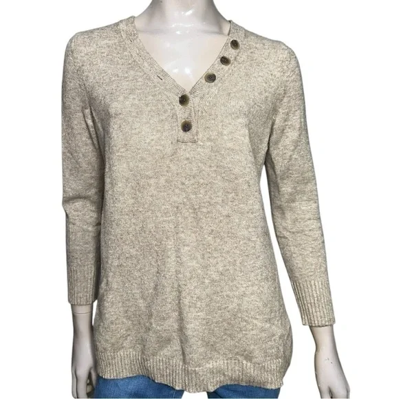 Anthropologie Women’s Size S Tan Button Henley V-Neck Viscose Blend Knit Sweater - Picture 4 of 11